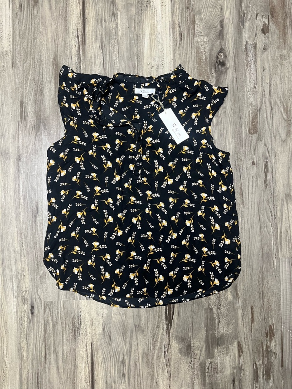 C by One Black and Yellow Floral Ruffle-Trim Blouse NWT